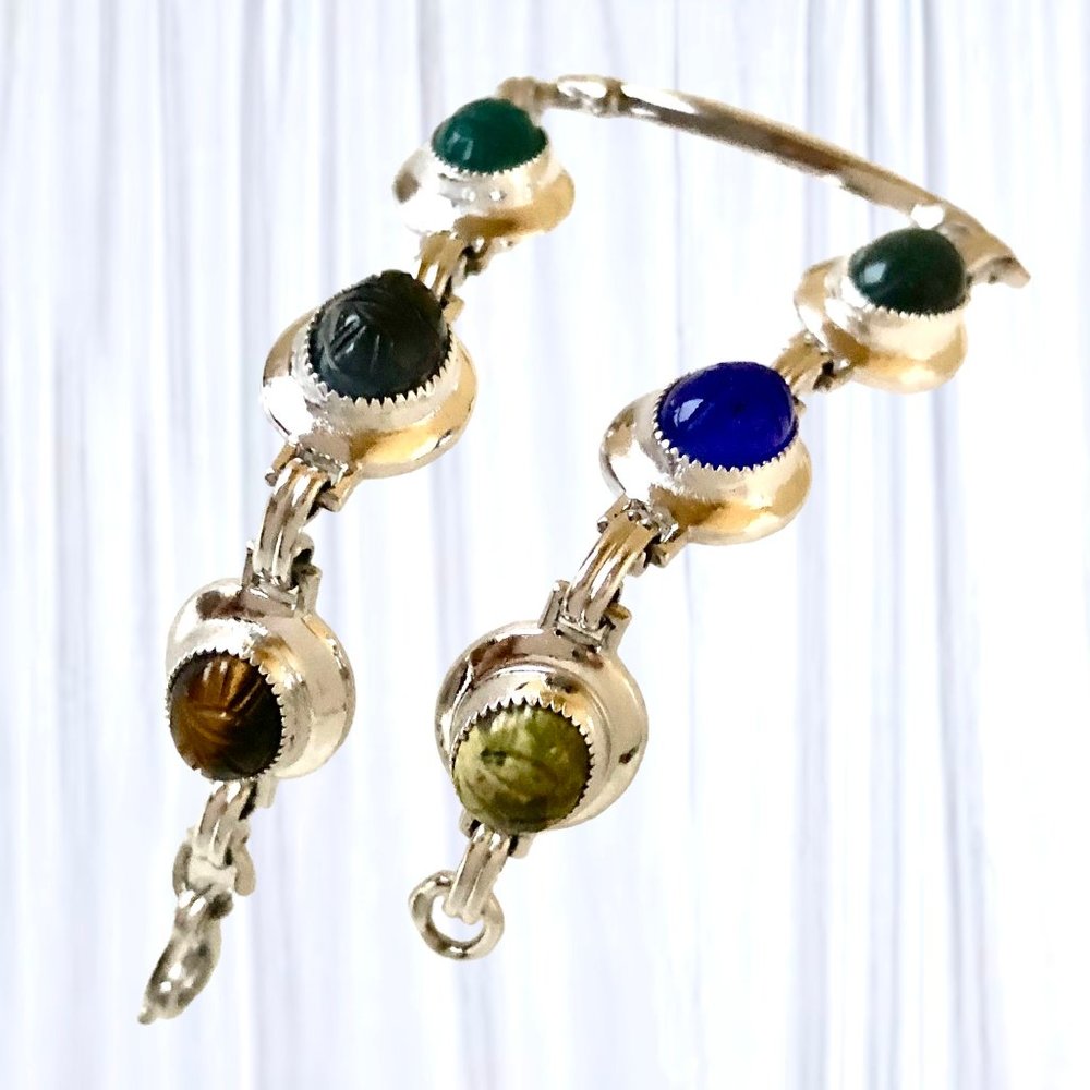 FOSTER Sterling Silver Multi Stone Scarab Link Bracelet 6.5" Small